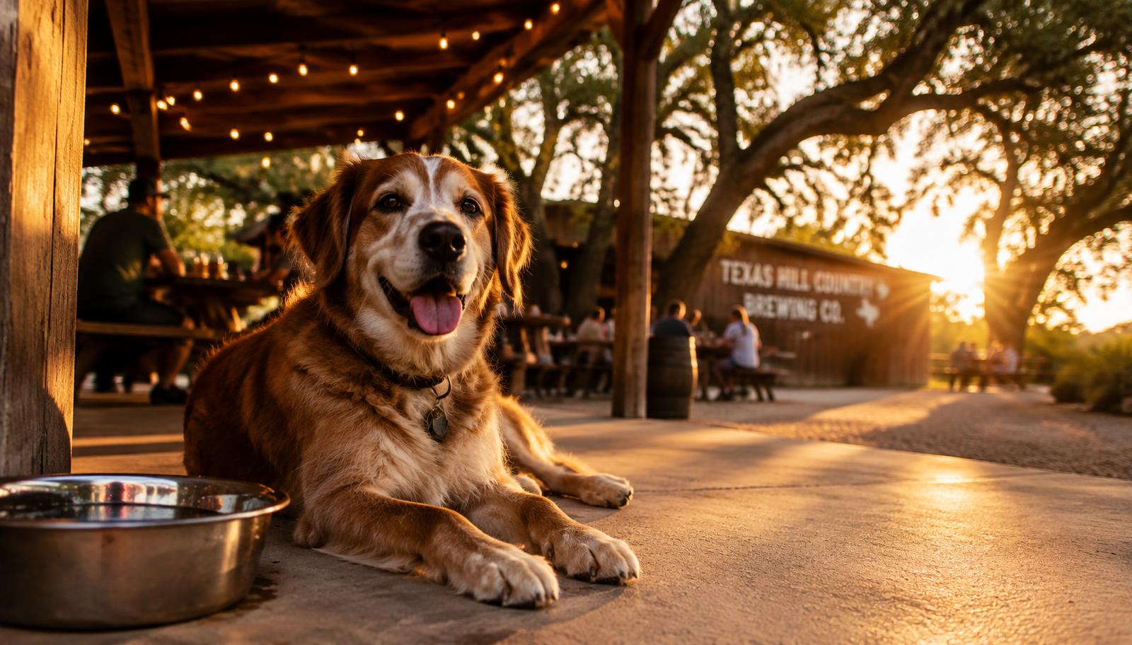 Dog relaxing on a shaded Hill Country patio